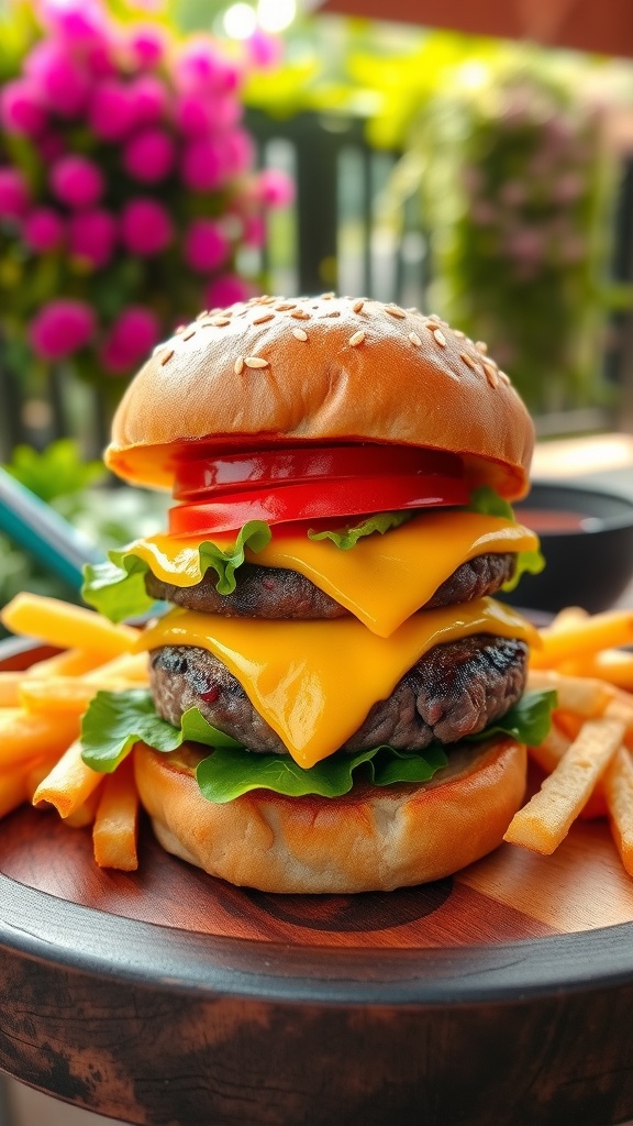 A classic cheeseburger with cheese, lettuce, and tomato on a wooden platter with fries.